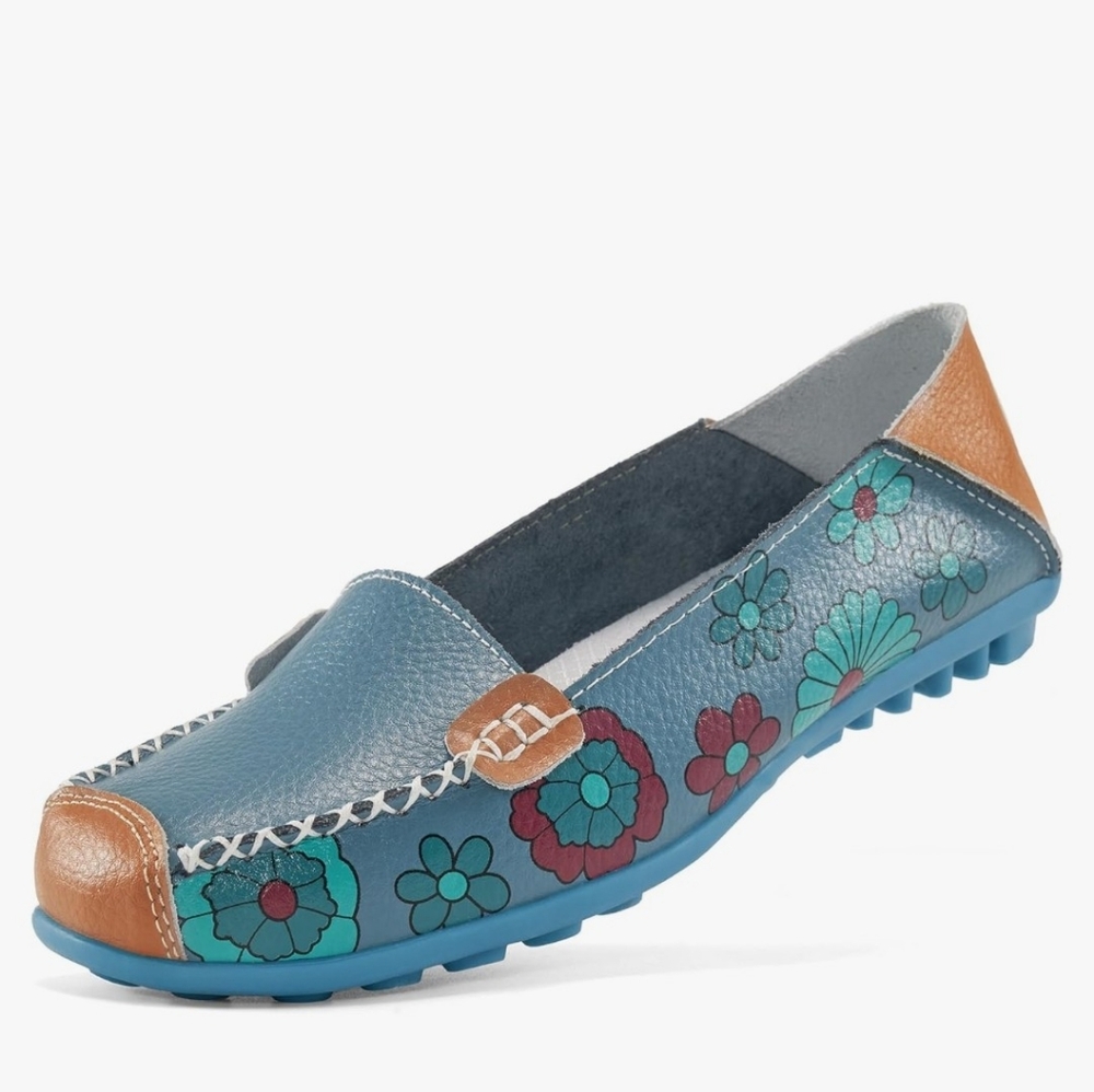 Women's Faux Leather Floral Print Flats Loafers w/ Flexible Rubber Sole Sz 9